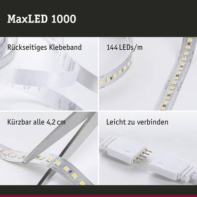 MaxLED 1000: LED-Streifen mit rückseitigem Klebeband, 144 LEDs/m, kürzbar alle 4,2 cm, leicht zu verbinden.