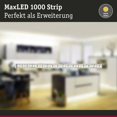 LED-Leiste im Vordergrund, Hintergrund unscharf. Text oben: 'MaxLED 1000 Strip - Perfekt als Erweiterung', Symbol für warmweißes Licht.