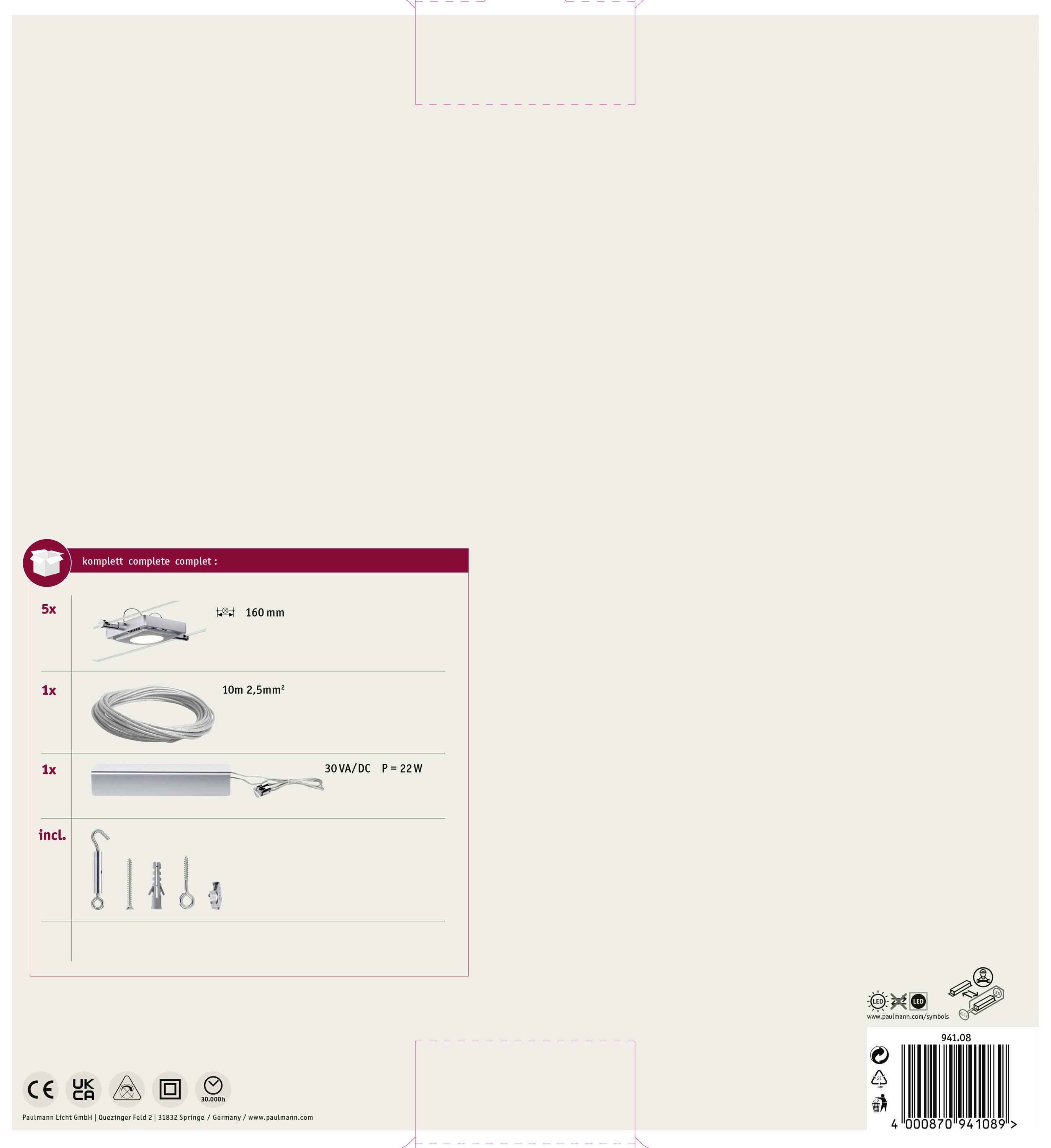 Verpackungsrückseite eines Produkts mit Inhaltangaben: 5 Kabelclips, 1 Kabelbinder 10m/2,5mm², 1 Schraubhaken, 3 Befestigungsschrauben.