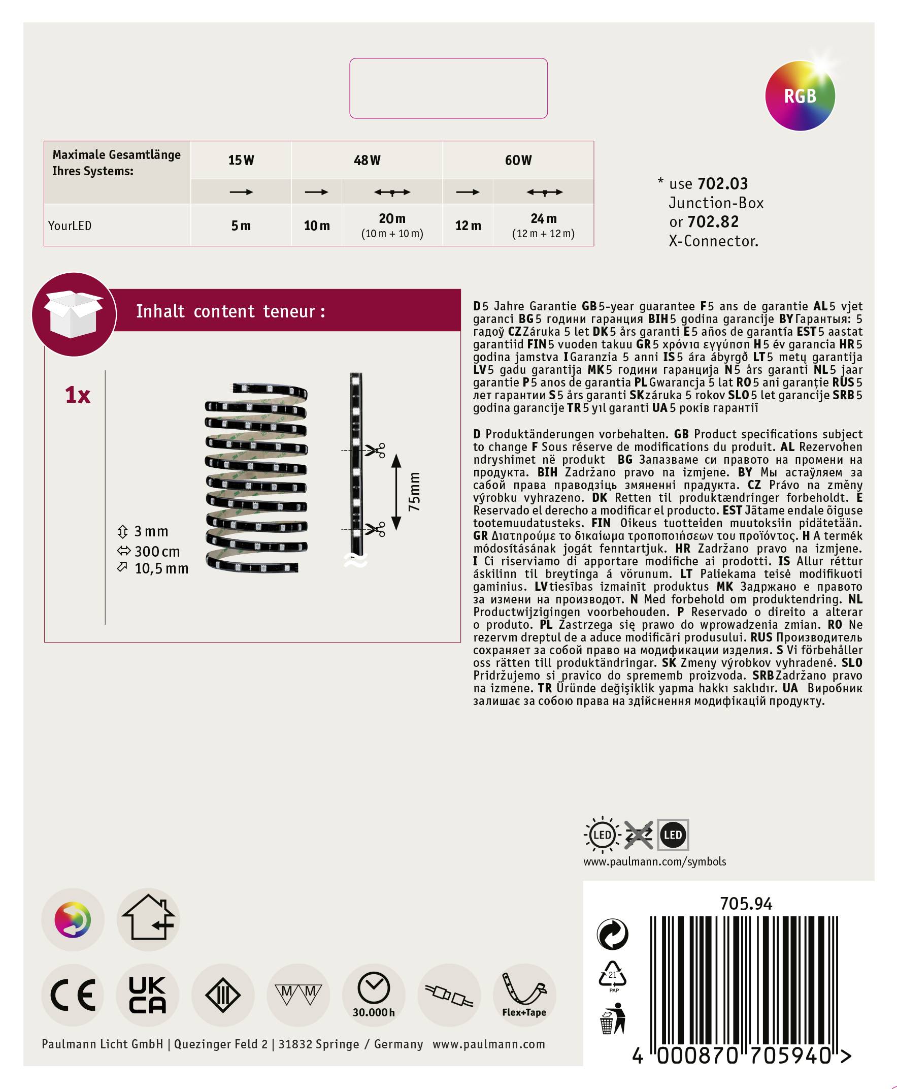 'Inhalt: 1x LED-Streifen, 3 mm dick, 30 cm Länge. Maximale Leistung: 15W, 48W, 60W. Hinweise zu Montage und Sicherheit abgebildet.'
