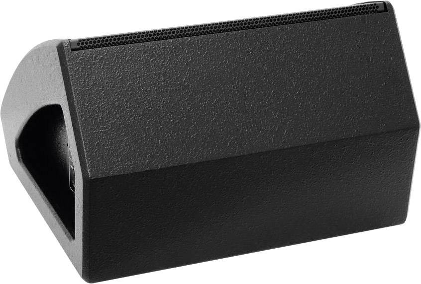 Ein schwarzer, quaderförmiger Lautsprecher mit abgeschrägter Front.