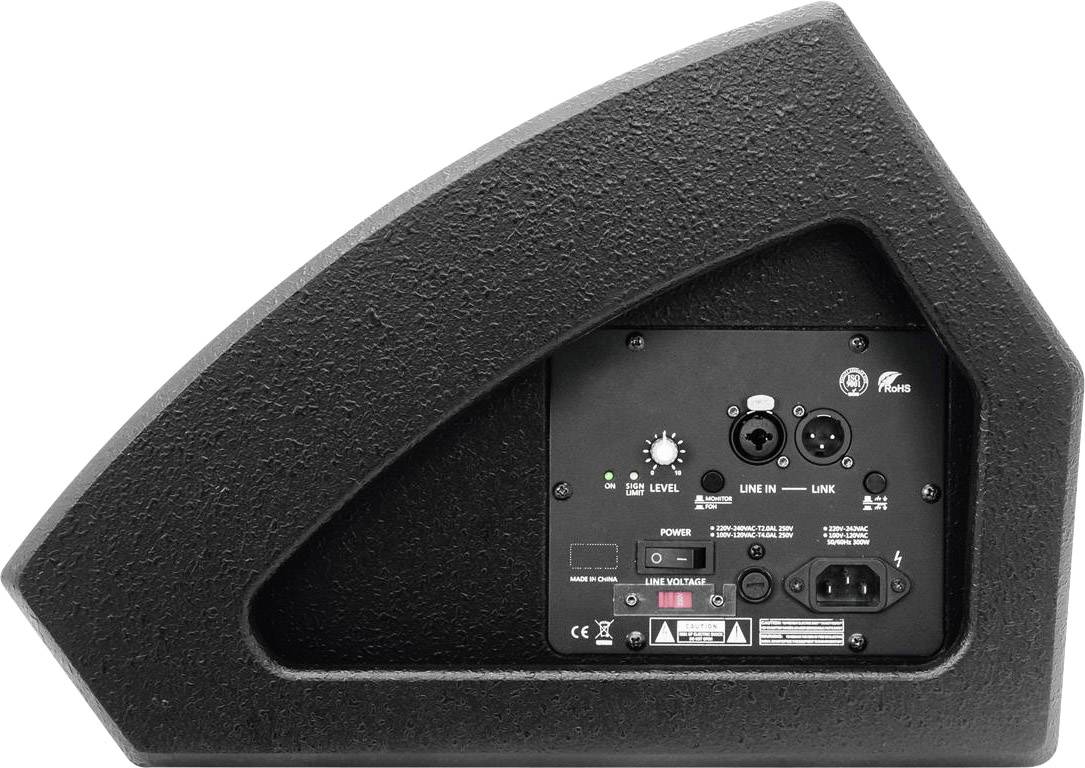 Rückansicht eines Lautsprechers mit Anschlüssen und Reglern. Zu sehen sind zwei XLR-Anschlüsse und ein Lautstärkeregler.