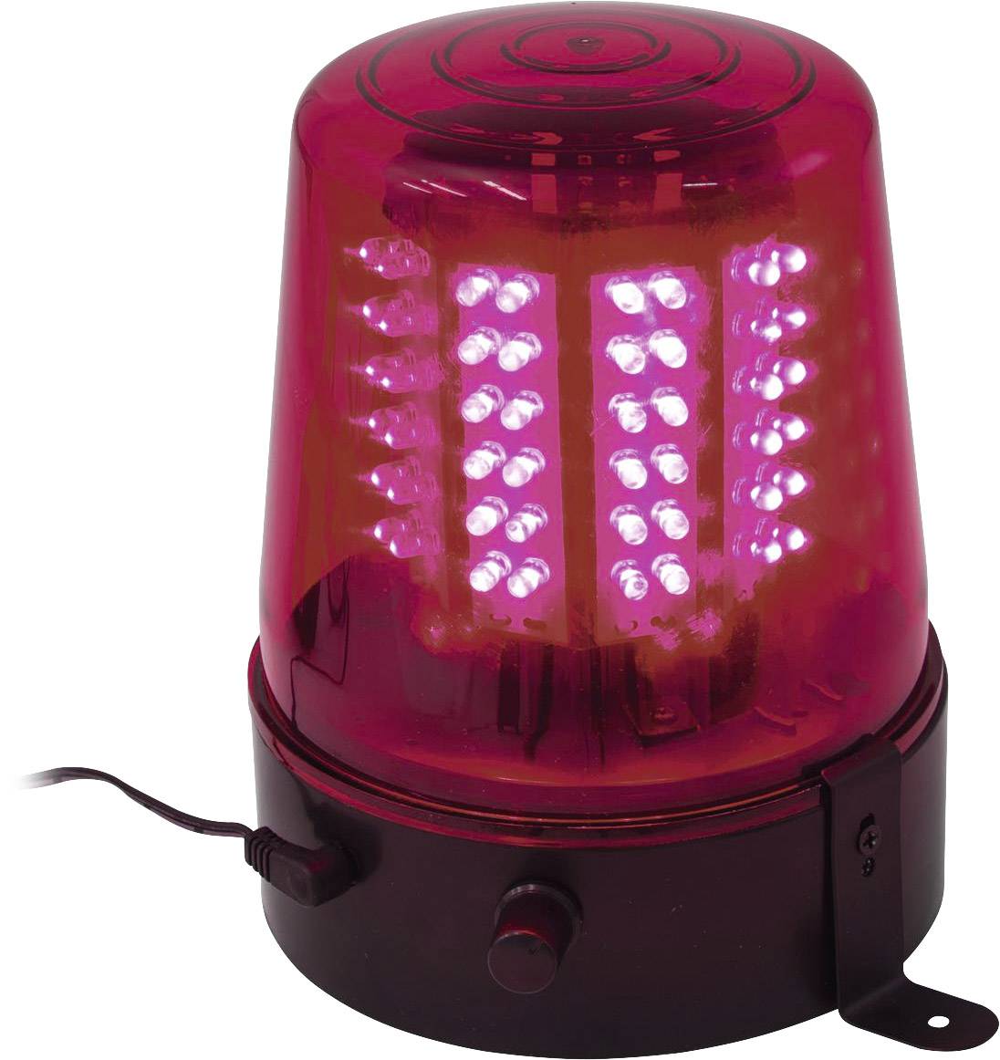 Rotes Blinklicht mit zahlreichen kleinen LED-Leuchten, die gleichmäßig in vertikalen Reihen angeordnet sind. Es ist mit einem Stromkabel verbunden.