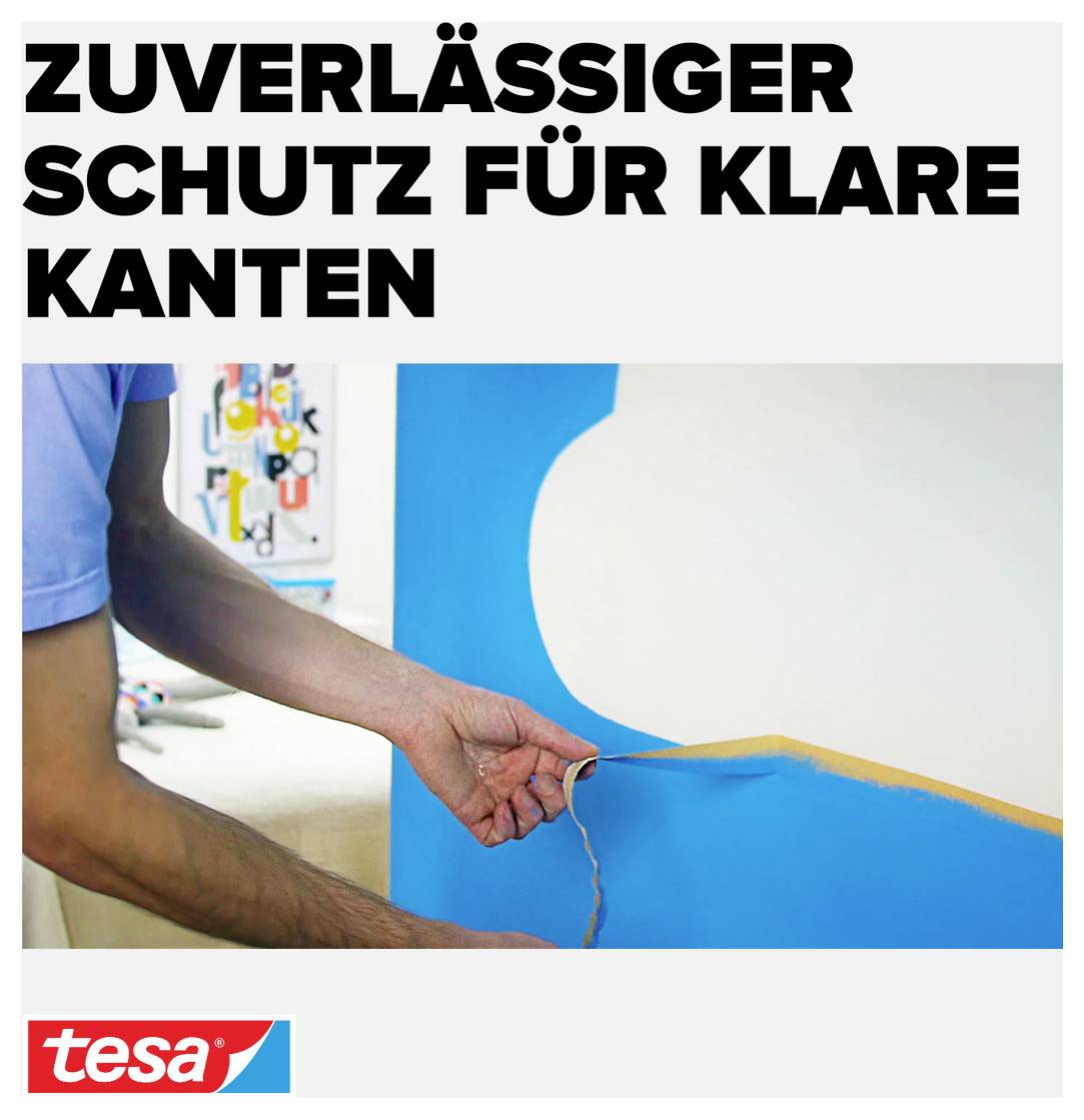 Ein Arm entfernt behutsam Malerklebeband von einer Wand, um saubere Farbkanten zu zeigen. Text 'Zuverlässiger Schutz für klare Kanten'.