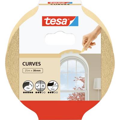 Verpackung von Tesa Malerband für Kurven, Größe 25m x 38mm. Zeigt ein Bogenfenster mit rosa Blättern im Hintergrund. Text: 'Flex', '7 Tage'.