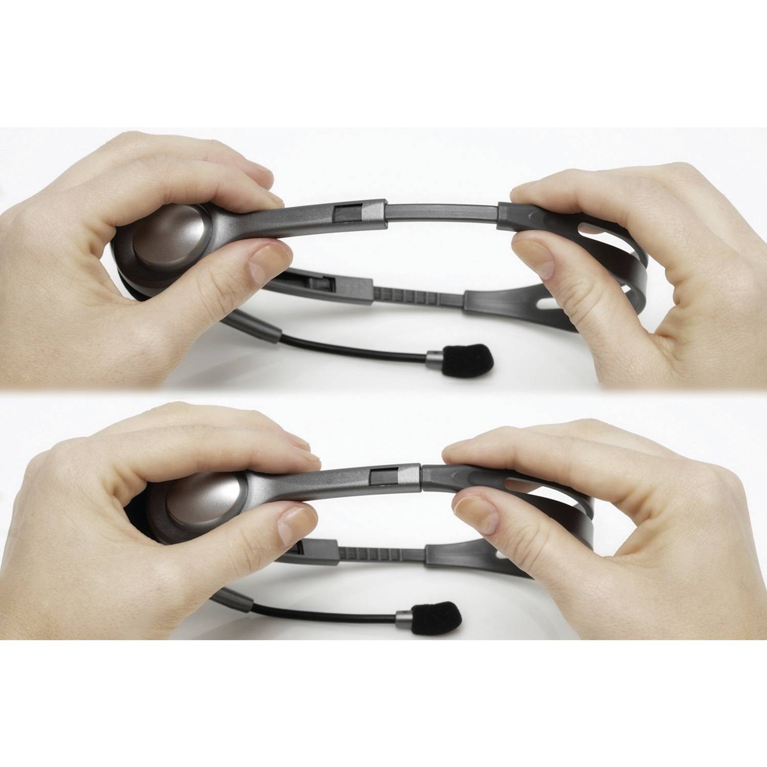 Zwei Bilder eines Headsets, das von Händen gehalten wird. Oben wird es ausgedehnt, unten zusammengedrückt. Zeigt Flexibilität des Headsets.