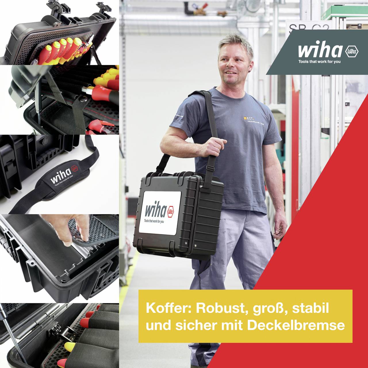 Mann trägt 'Wiha'-Koffer, beschrieben als robust, groß, stabil und sicher mit Deckelbremse. Miniaturansichten zeigen Innenräume und Details des Koffers.