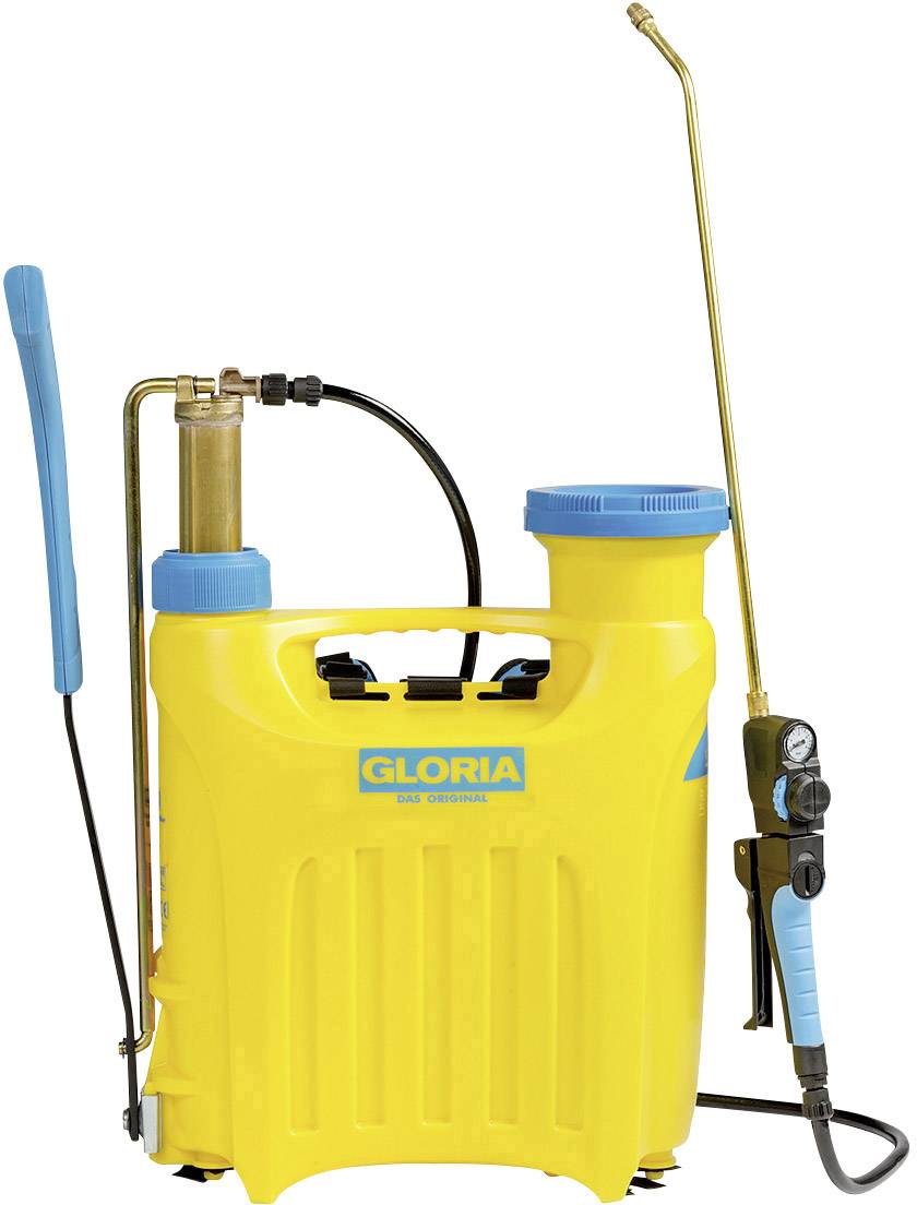 Gelber Drucksprüher mit blauem Griff und langem Sprührohr, markiert mit dem Logo 'Gloria'.