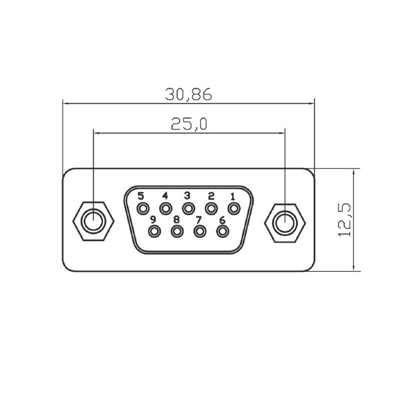 Abbildung eines DB9-Steckverbinders mit Maßangaben. Breite 30,86 mm, Länge 12,5 mm. Stiftpositionen nummeriert von 1 bis 9.