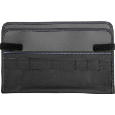 Eine schwarze Werkzeugtasche mit blauen Nähten und Klettverschlüssen, geeignet zur sicheren Aufbewahrung von Werkzeugen.