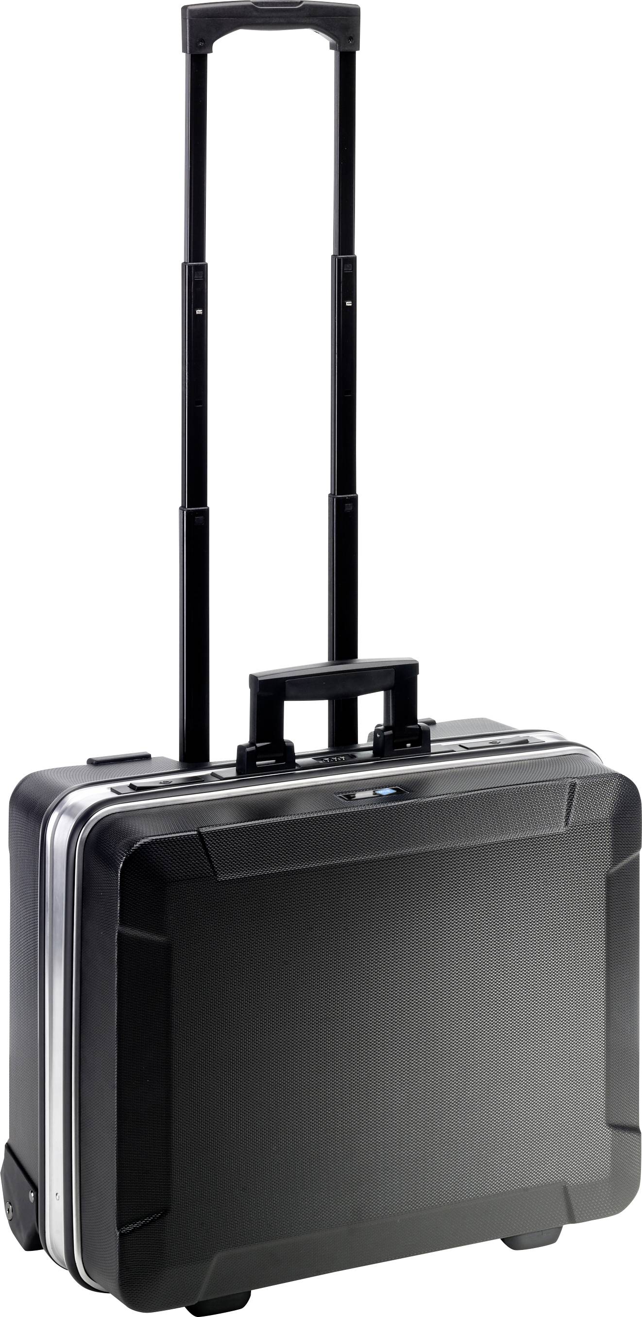 Ein schwarzer Aktenkoffer mit Teleskopgriff und Rollen, geeignet für Geschäftsreisen oder Transport von Dokumenten und Laptop.