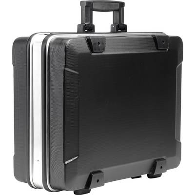 Schwarzer, verschlossener Aktenkoffer mit silbernem Rahmen und schwarzem Griff, vertikal gehalten; symbolisiert Geschäft und Transport.