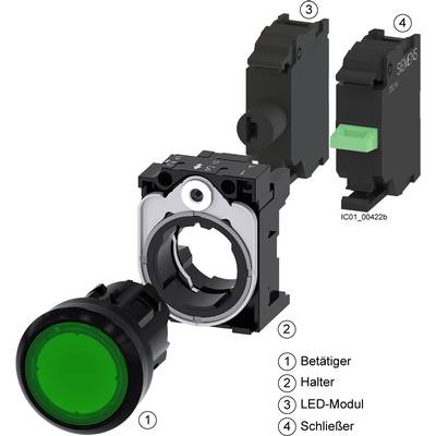 Grüner Drucktaster bestehend aus Betätiger, Halter, LED-Modul und Schließer, beschriftet mit den Ziffern 1 bis 4.