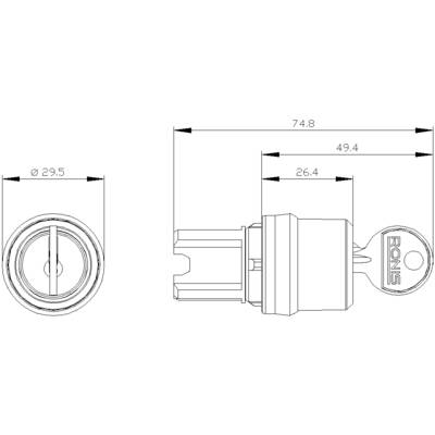 Technische Zeichnung eines zylindrischen Schlosses mit Schlüssel. Abmessungen: Gesamtbreite 74,8 mm, Breite ohne Schlüssel 49,4 mm, Durchmesser 29,5 mm.
