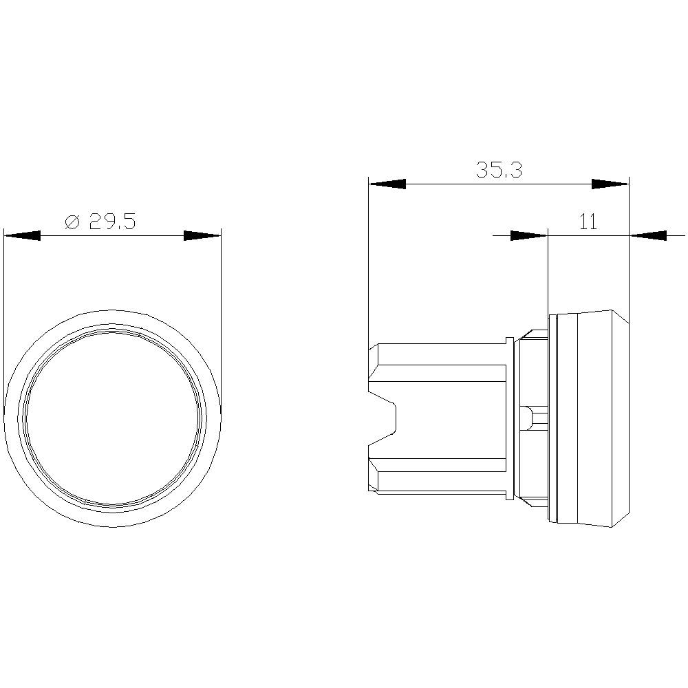 Technische Zeichnung eines zylindrischen, mechanischen Teils mit Durchmesser 29,5 mm und einer Länge von 35,3 mm. Seitenansicht und Draufsicht.