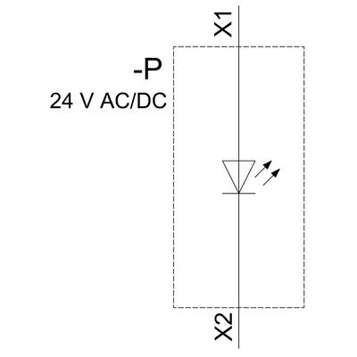 Schaltsymbol eines LED-Moduls mit Betriebsspannung von 24 V AC/DC, dargestellt durch ein Dreieck und zwei Pfeile, vertikal ausgerichtet.