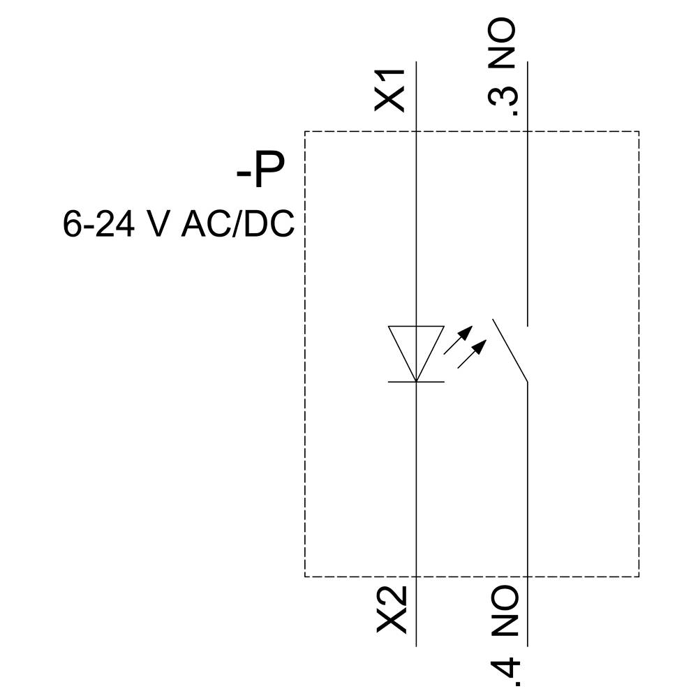 Schaltplan einer Relaisbox: Spannung 6-24 V AC/DC, mit Anschlüssen X1, X2, 3 NO, 4 NO. Zeigt eine Diode und Schalterpositionen.