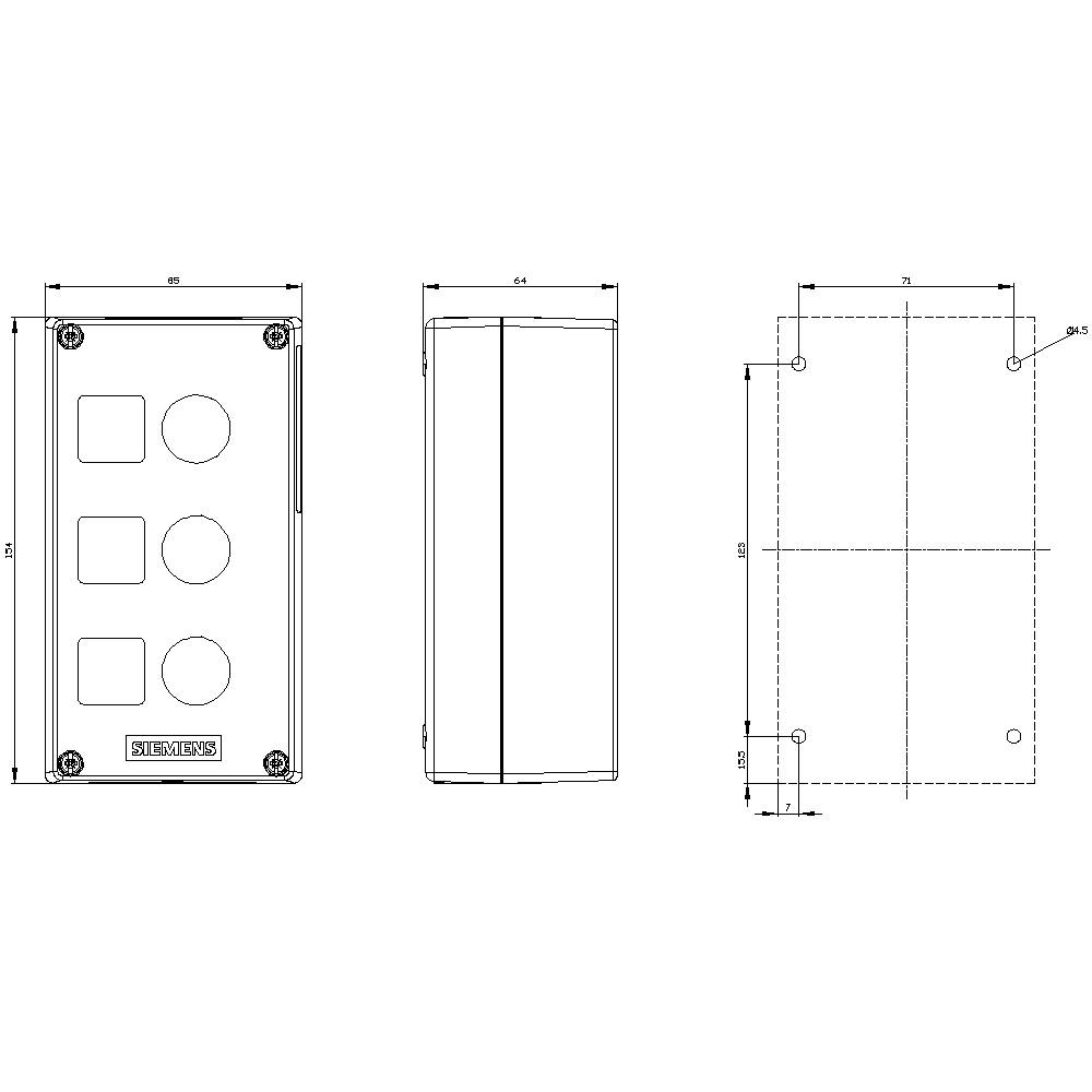 Technische Zeichnung eines rechteckigen Gehäuses mit mehreren Kreisausschnitten und Maßen in drei Ansichten: Vorder-, Seiten- und Rückansicht.
