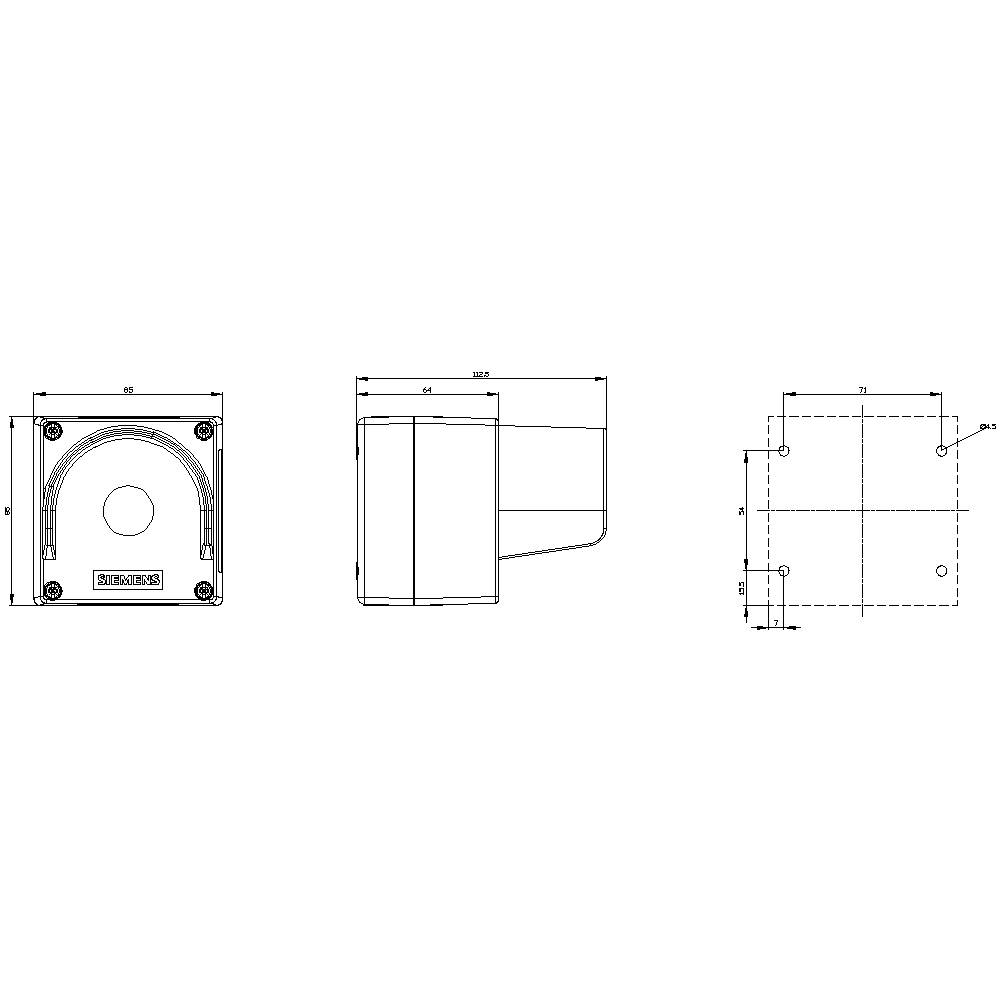 Technische Zeichnung eines quadratischen Kamera- oder Sensorgehäuses mit Frontansicht, Seitenansicht und Maßangaben oben und rechts.