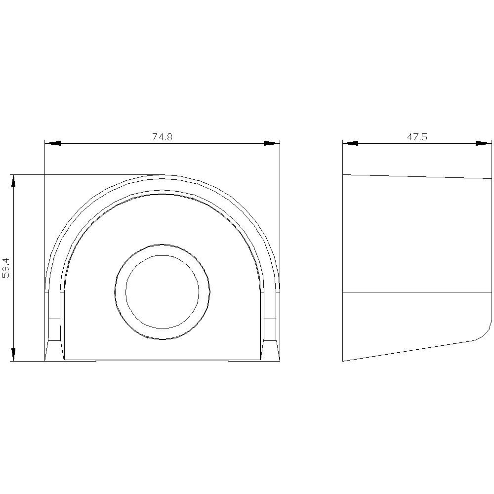 Technische Zeichnung eines Halters mit den Maßen 74,8 mm Breite, 59,4 mm Höhe und 47,5 mm Tiefe. Seitenansicht und Vorderansicht.