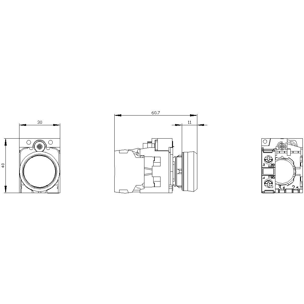 Technische Zeichnung eines runden Knopfschalters. Dimensionen sind: Höhe 40 mm, Breite 30 mm, Tiefe 60,7 mm.