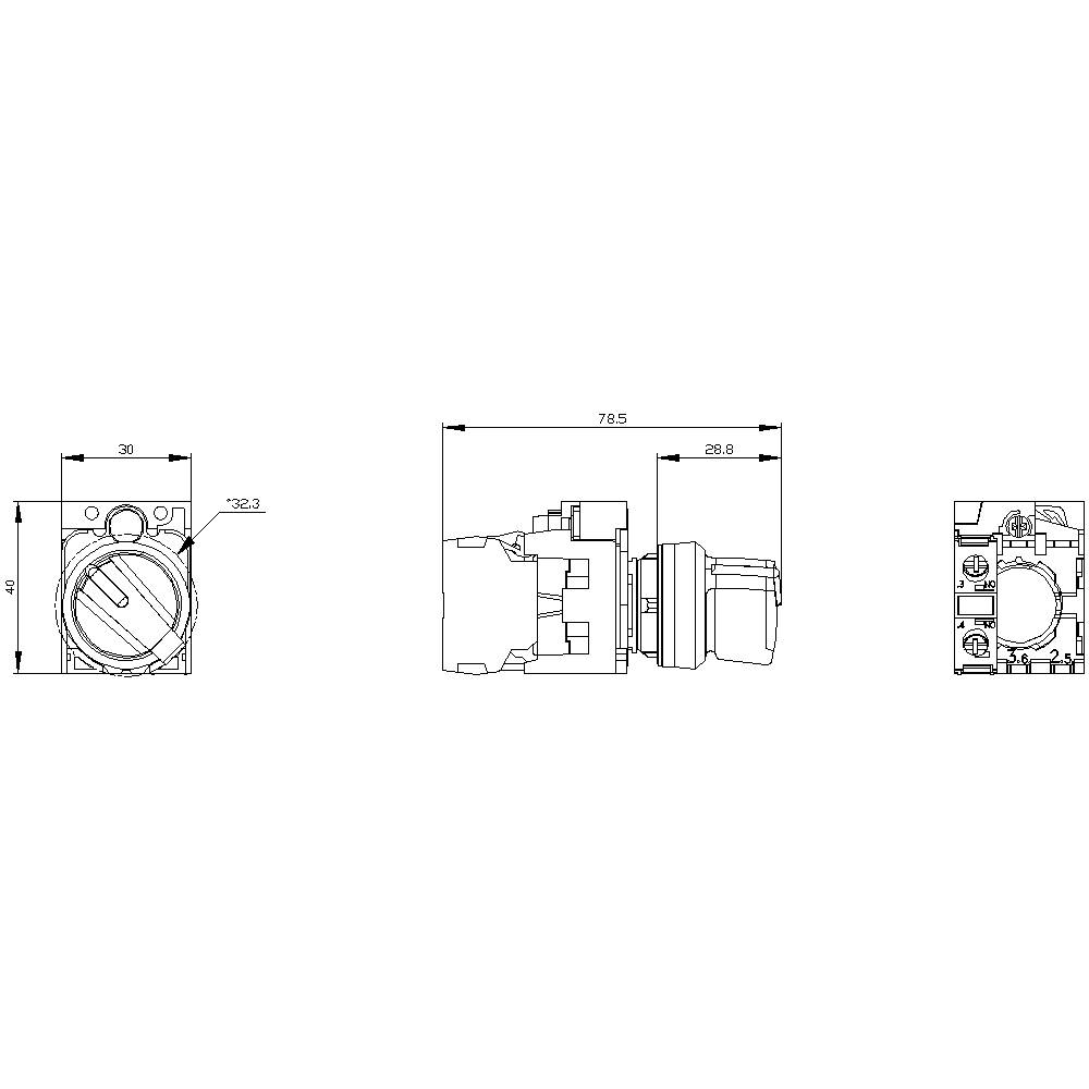 Technische Zeichnung eines Schalters mit Abmessungen: Durchmesser 30 mm, Tiefe 42,3 mm, Breite 28,8 mm, und weitere Detailansicht.