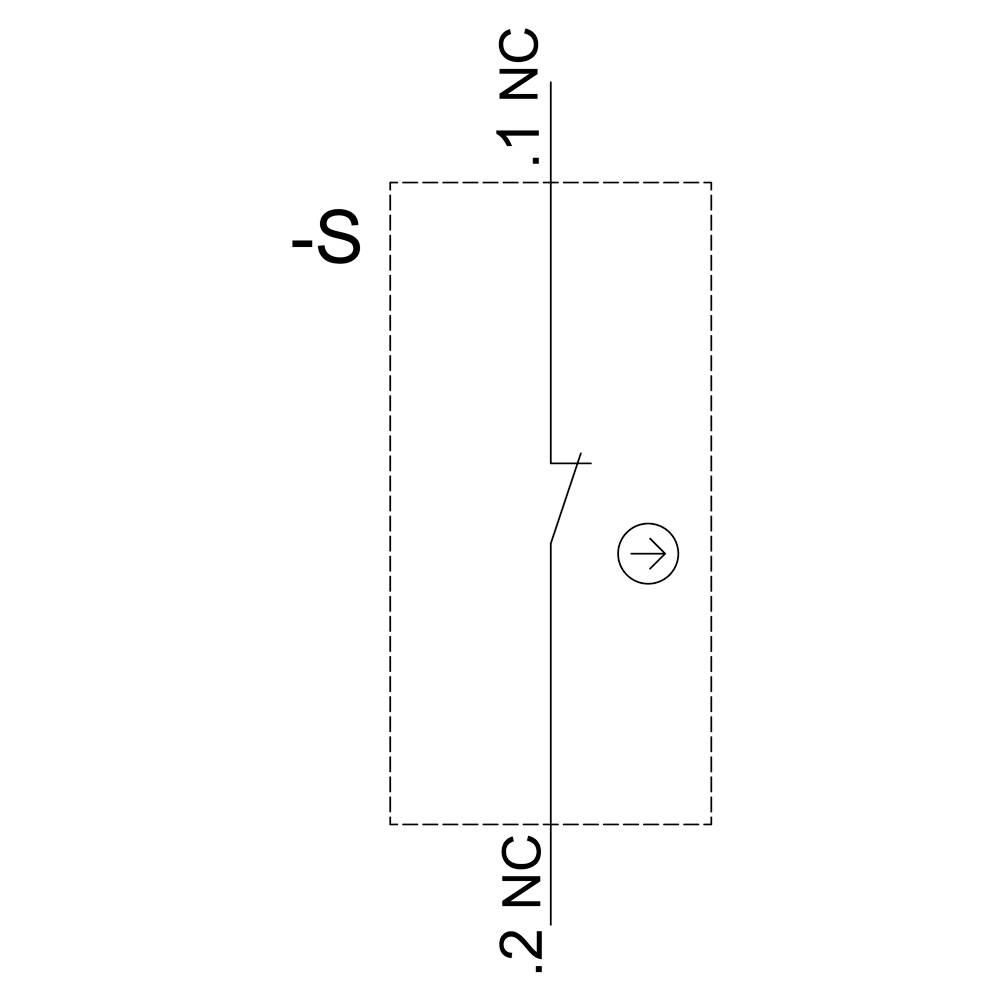 'Schaltplan eines Schalters: Ein Normalerweise geschlossen (NC)-Kontakt mit zwei Anschlüssen, 1 NC und 2 NC, und einem Pfeil in der Mitte.'