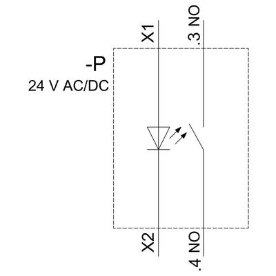 Schaltsymbol mit LED, betrieben mit 24 V AC/DC, dargestellt als Gehäuse mit durchgehender Leitung, zwei Schaltkontakte und eine Diode.