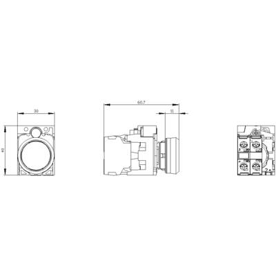 'Technische Zeichnung eines quadratischen Knopfes mit Seitenansichten. Maße: 40x30 mm vorne, 60,7 mm tief. Kabelanschlüsse hinten.'