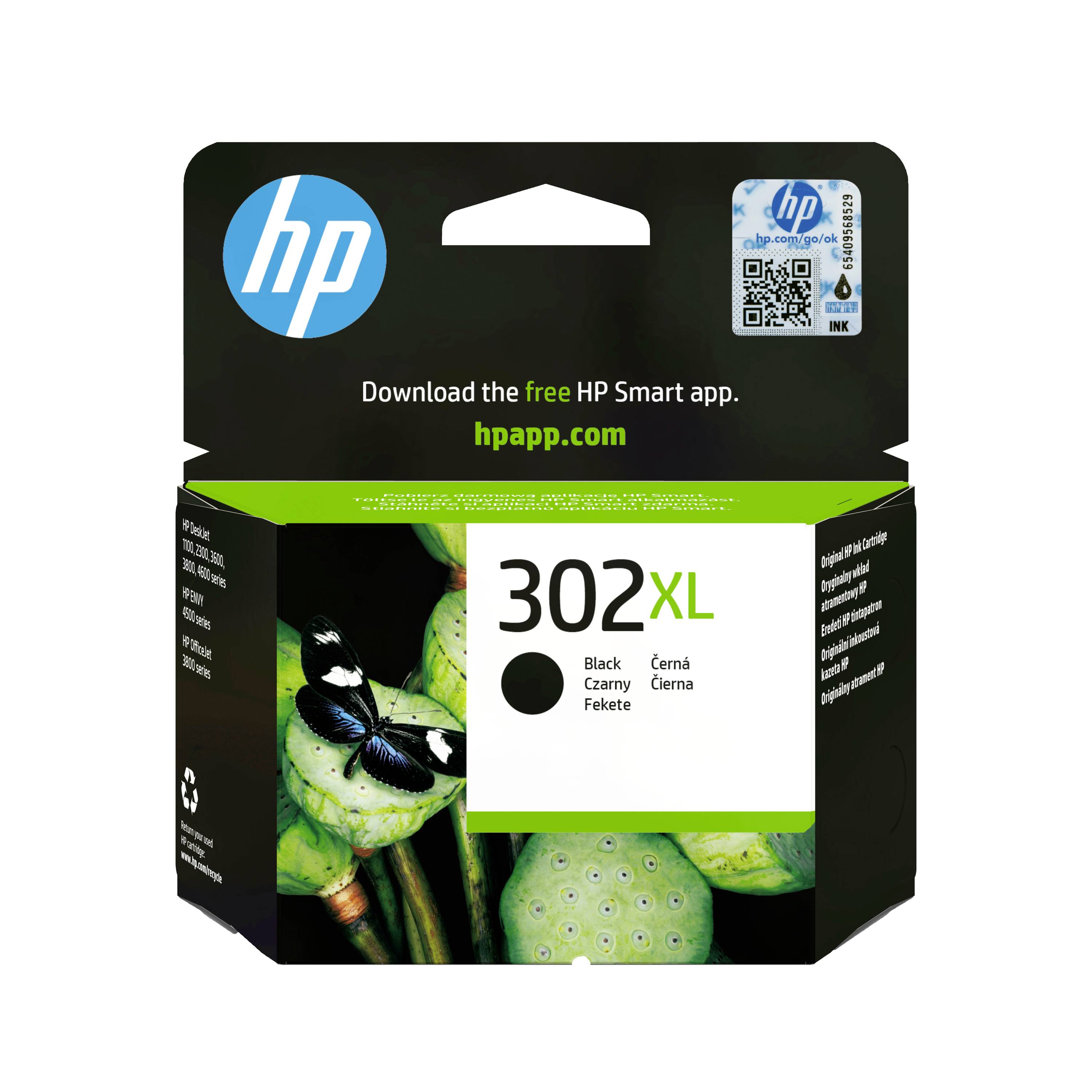HP-302XL-Druckerpatrone in Schwarz, Verpackungskarton mit HP-Logo und dem Aufdruck „Lade die kostenlose HP Smart App herunter“ sowie hpapp.com auf der Verpackung.
