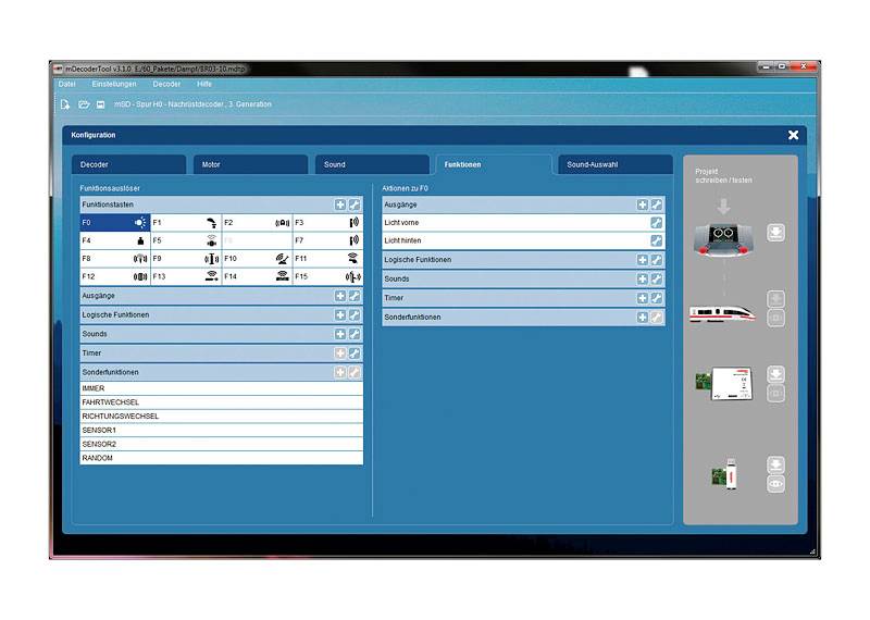 Ein Bildschirmfoto einer Softwareoberfläche zur Steuerung von Modelleisenbahnen. Links sind Funktionsfelder, rechts Modelleisenbahngrafiken.