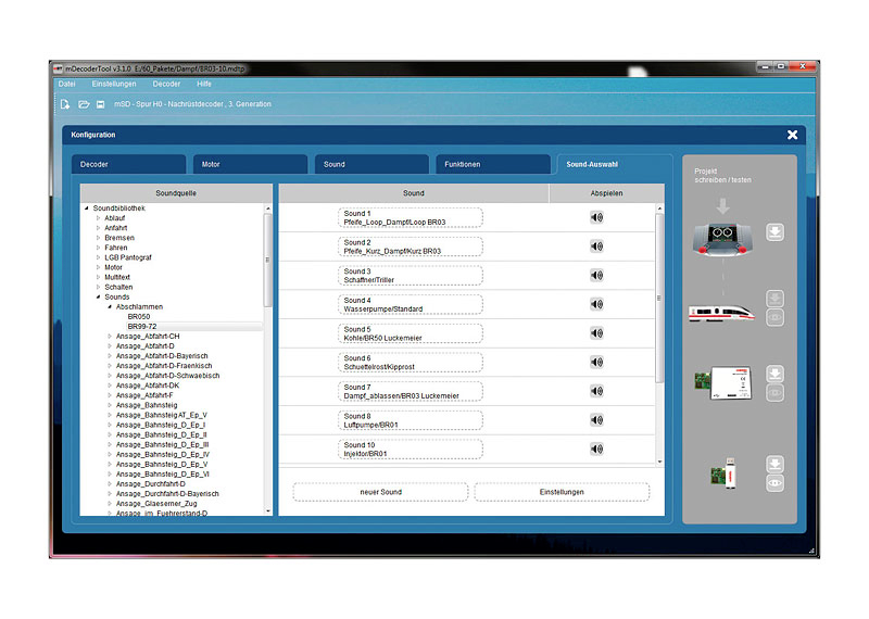 Die Abbildung zeigt eine Software-Oberfläche zur Audio-Konfiguration. Auf der linken Seite ist eine Sound-Bibliothek, rechts sind ein Zugmodell und ein Interface abgebildet.