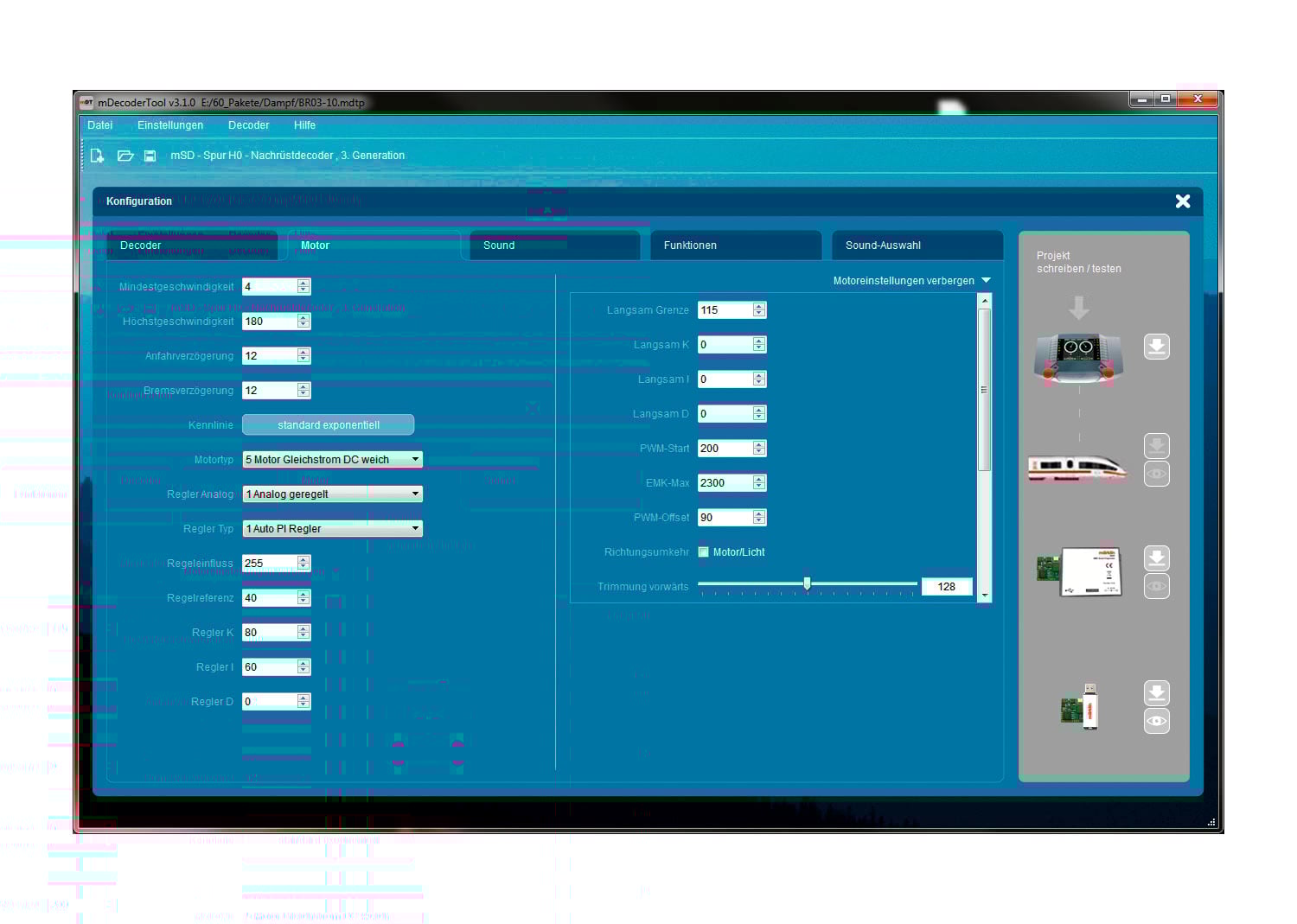 Benutzeroberfläche einer Software zur Konfiguration von Modelleisenbahnen mit verschiedenen Einstellungsoptionen für Decoder, Sound und Funktionen.