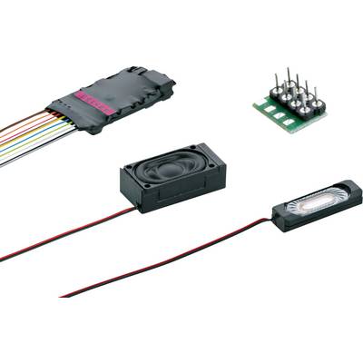 Elektronische Komponenten: Ein Lautsprecher, Kabelstrang, und Platinenmodul liegen auf weißem Hintergrund.