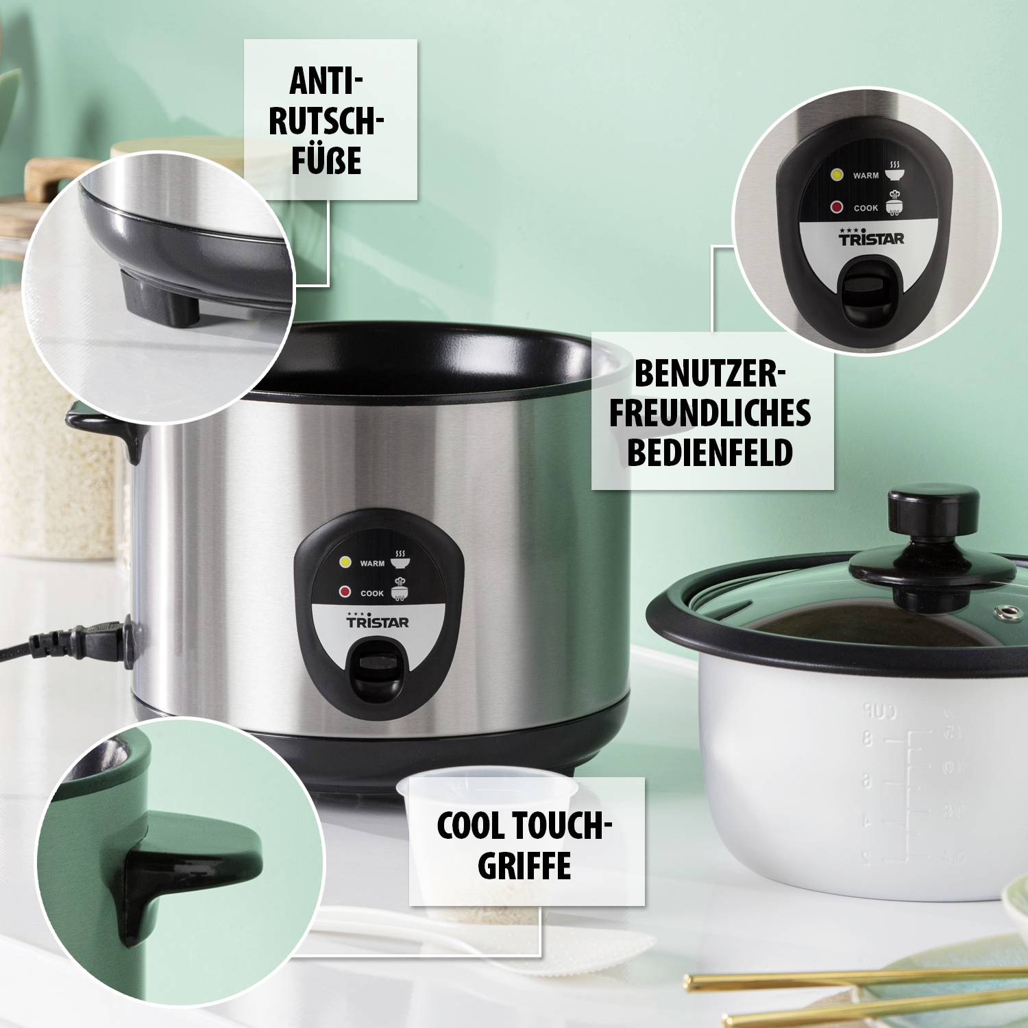 Ein Slow Cooker aus Edelstahl mit abnehmbarem Kochtopf, Anti-Rutsch-Füßen, Cool-Touch-Griffen und benutzerfreundlichem Bedienfeld.