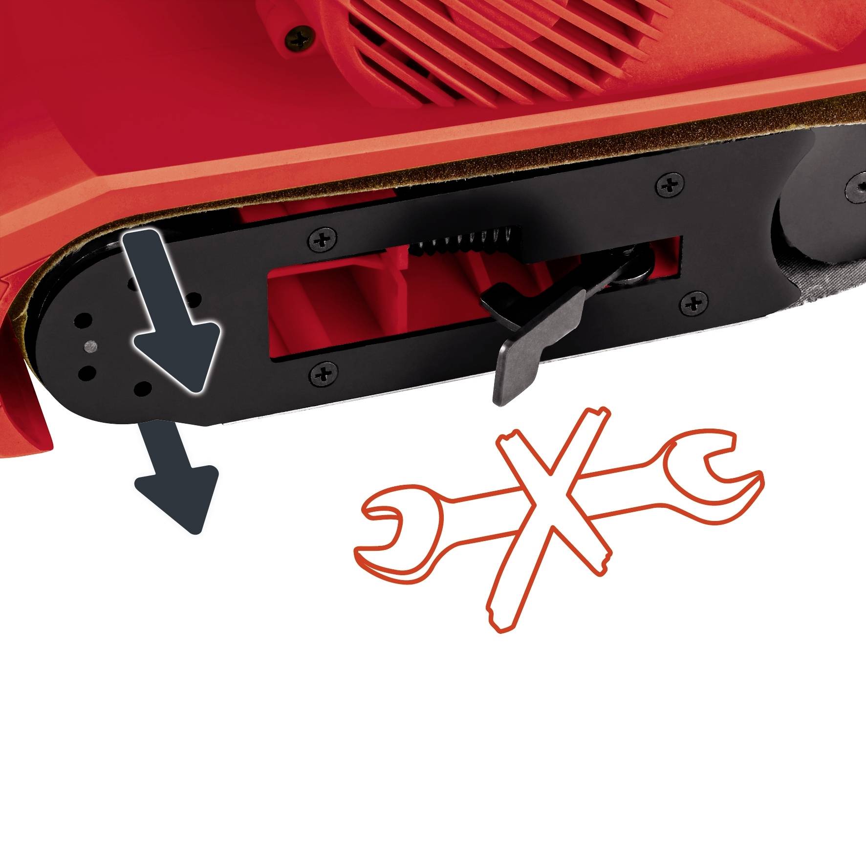 Elektrischer Schleifer mit abnehmbarem Riemen, dargestellt mit Pfeilen für den Riemenwechsel und einem Symbol für werkzeuglose Bedienung.