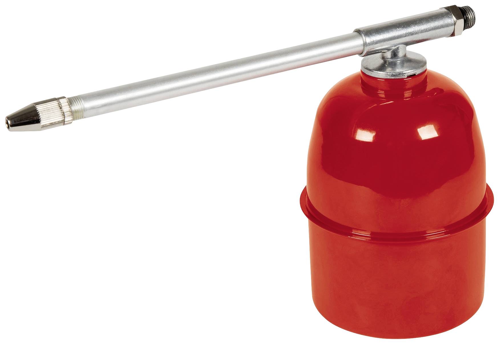Ein rotes Drucksprühgerät aus Metall mit langem silberfarbenem Sprührohr, üblich für Schmier- oder Reinigungsarbeiten.