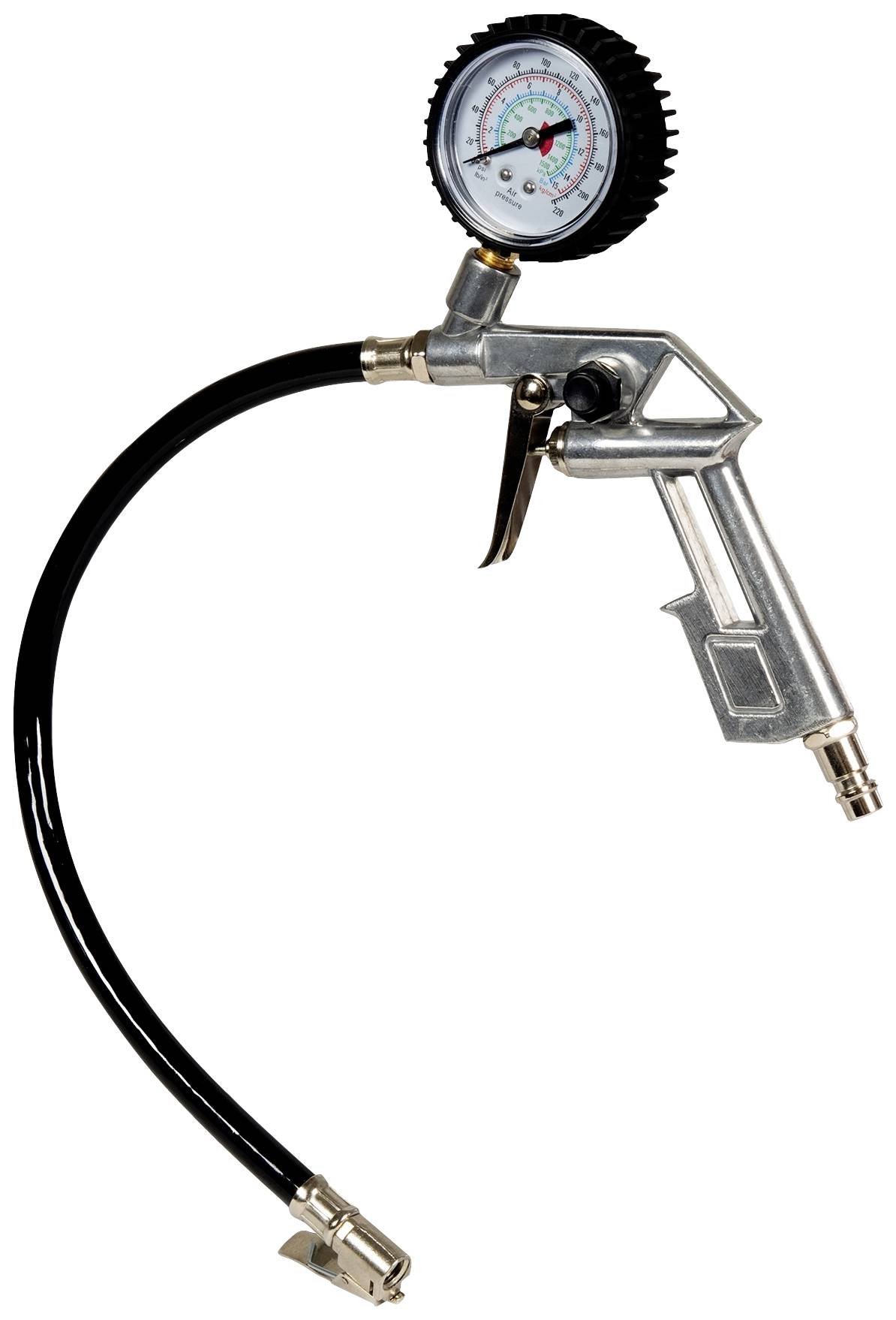 Ein Metall-Luftdruckmesser mit Schlauch und Manometer, das Druck in Reifen misst, geeignet für Fahrzeugwartung.