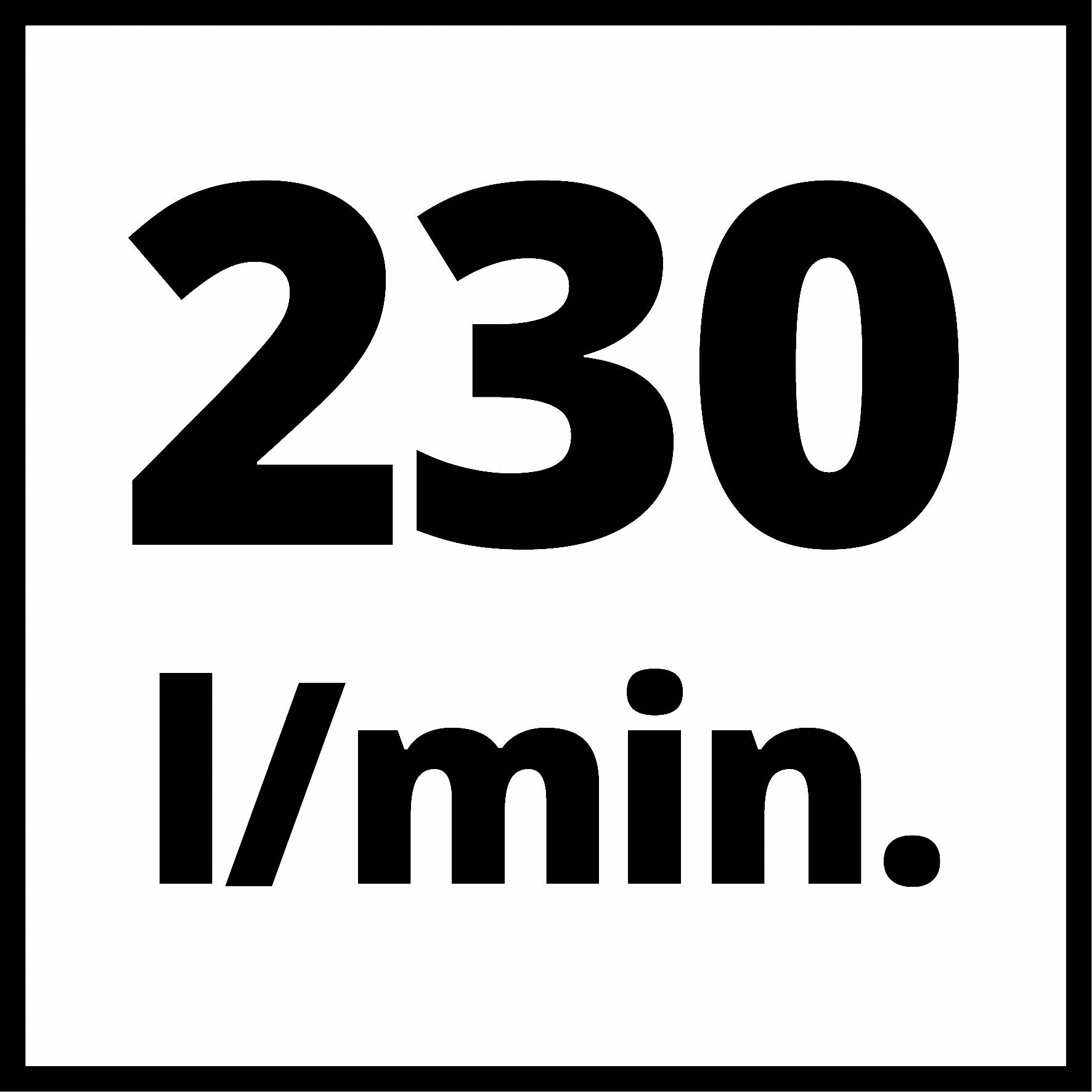 '230 l/min.' in fetten, schwarzen Buchstaben auf weißem Hintergrund, möglicherweise bezogen auf eine Durchflussrate oder Leistung.