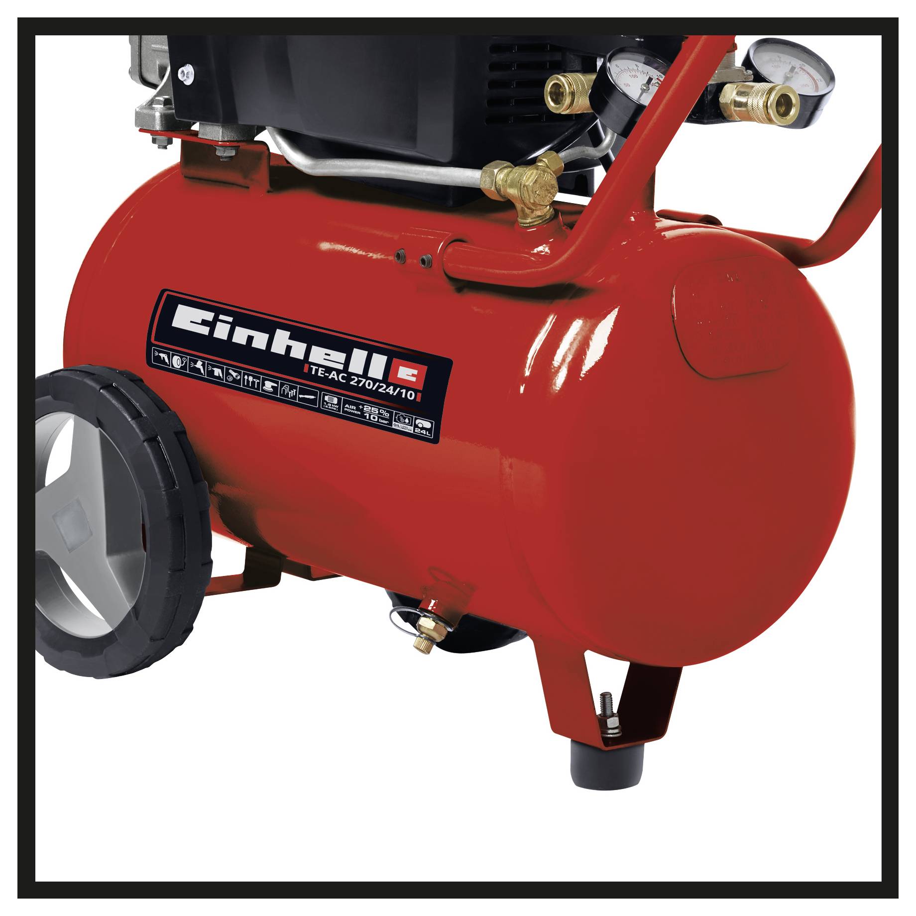 Ein roter Luftkompressor mit Manometern und Ventilen. Die Manometer messen den Druck in Bar. Ventile regulieren den Luftstrom.