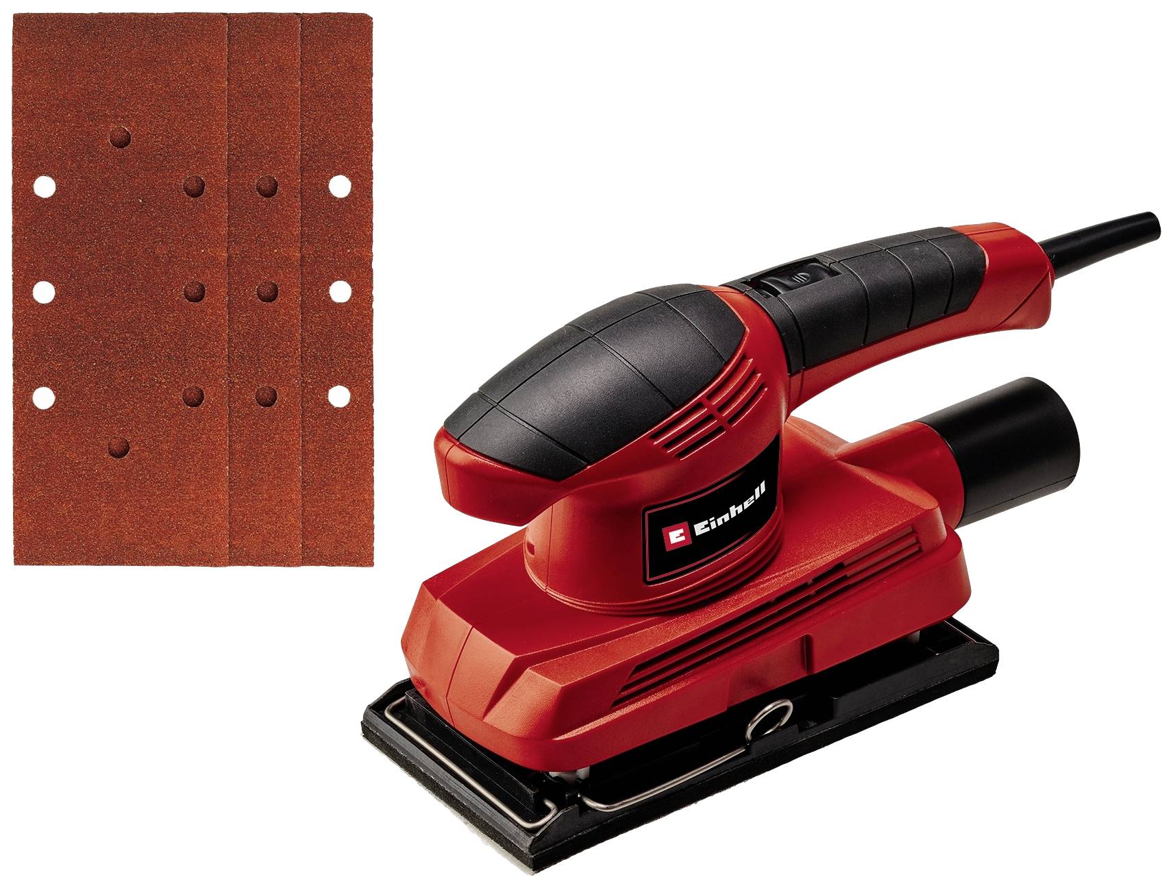 'Orbital-Schleifmaschine mit rotem Gehäuse und schwarzem Griff, neben einem Satz Schleifpapier mit mehreren Löchern.'