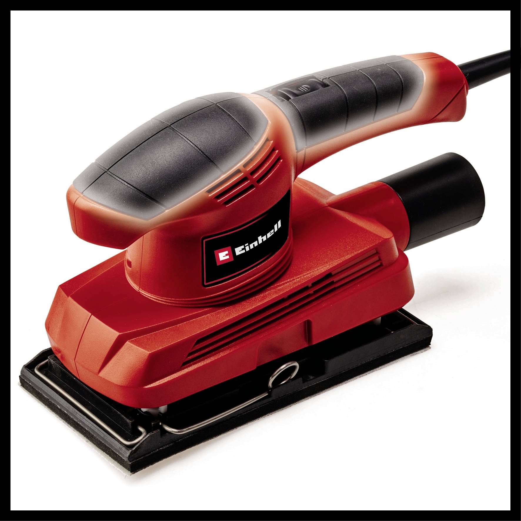 Ein roter elektrischer Schleifer auf weißem Hintergrund, mit einem markanten schwarzen Griff und Abkürzung auf dem Gerät.