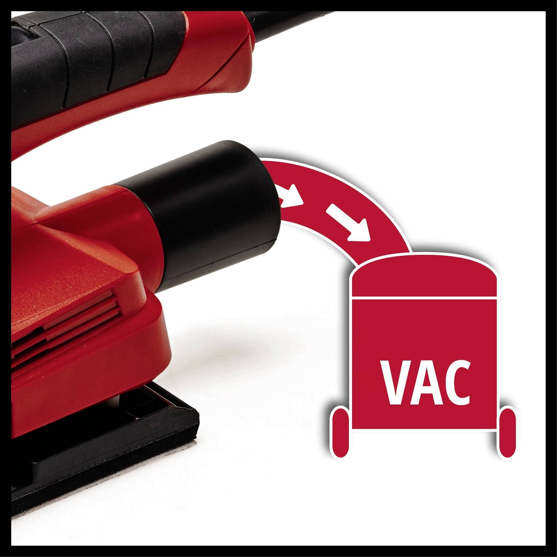 Das Bild zeigt einen roten Staubsauger mit einer grafischen Darstellung, die auf eine Saugfunktion hinweist und 'VAC' textlich darstellt.
