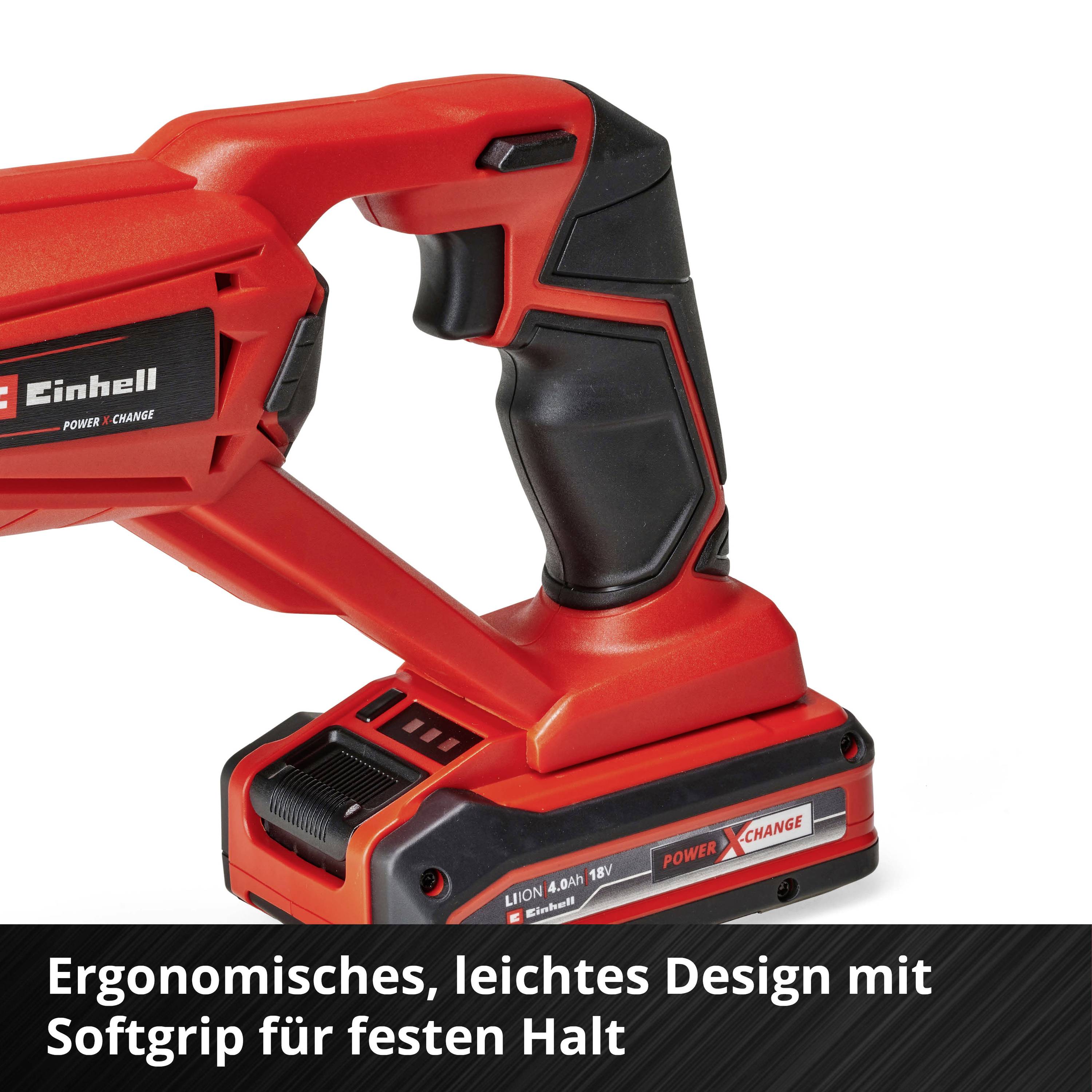 'Einhell' Akku-Bohrschrauber mit ergonomischem Design und Softgriff für festen Halt, rot-schwarz. Text: 'Ergonomisches, leichtes Design mit Softgriff für festen Halt'.