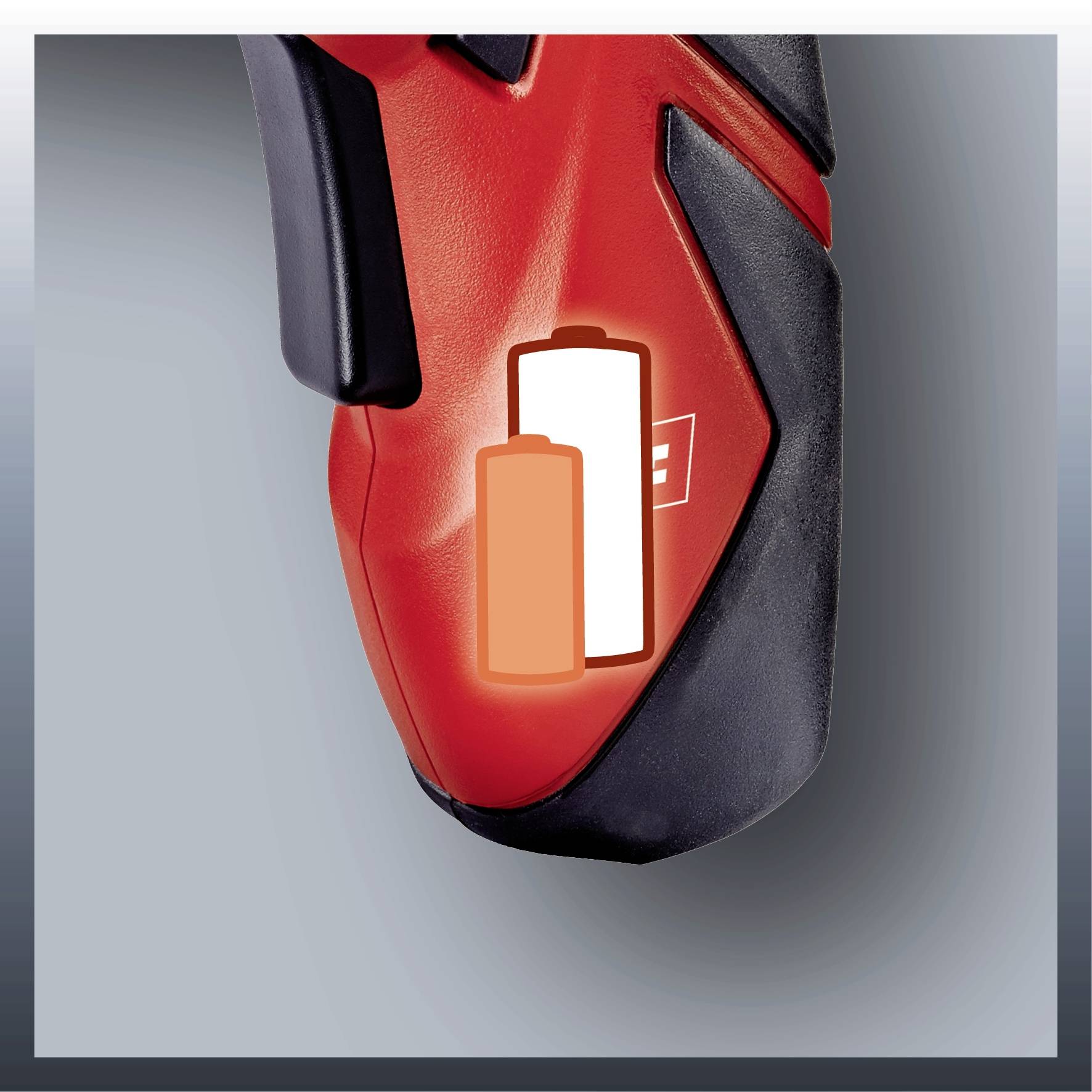 Elektrisches Werkzeug mit Griff in Rot und Schwarz. Ein Batteriesymbol zeigt den Ladezustand an.