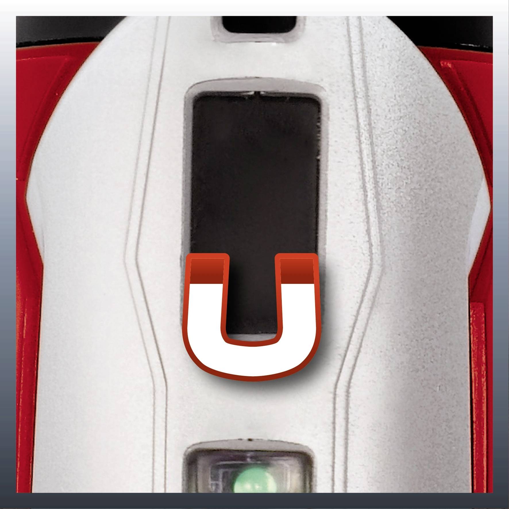 Nahaufnahme eines U-förmigen Magneten auf weißem Hintergrund, darunter eine kleine grüne LED-Anzeige. Oberer Teil eines technischen Geräts.