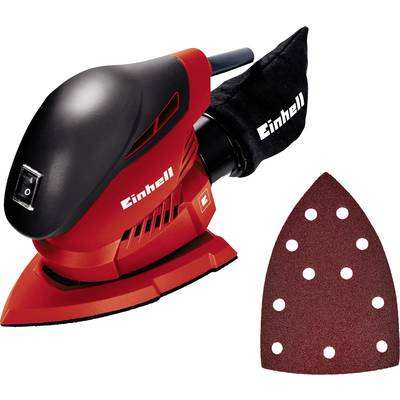 Roter Einhell Deltaschleifer mit schwarzem Griff und Staubsack neben einem abnehmbaren, triangulären Schleifblatt mit Löchern.