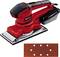 Ein roter Schwingschleifer von Einhell mit Filterbox und einem separaten Schleifpapier mit Löchern.