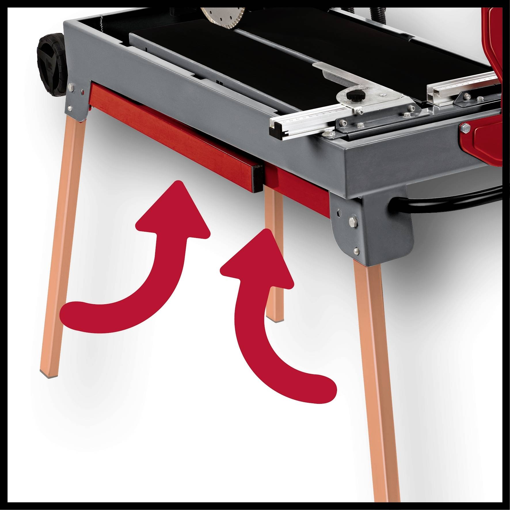 Rote Pfeile weisen auf eine rote Schublade unter einem grauen Tischgestell hin. Hersteller: FTP Maschinenbau GmbH & Co. KG.
