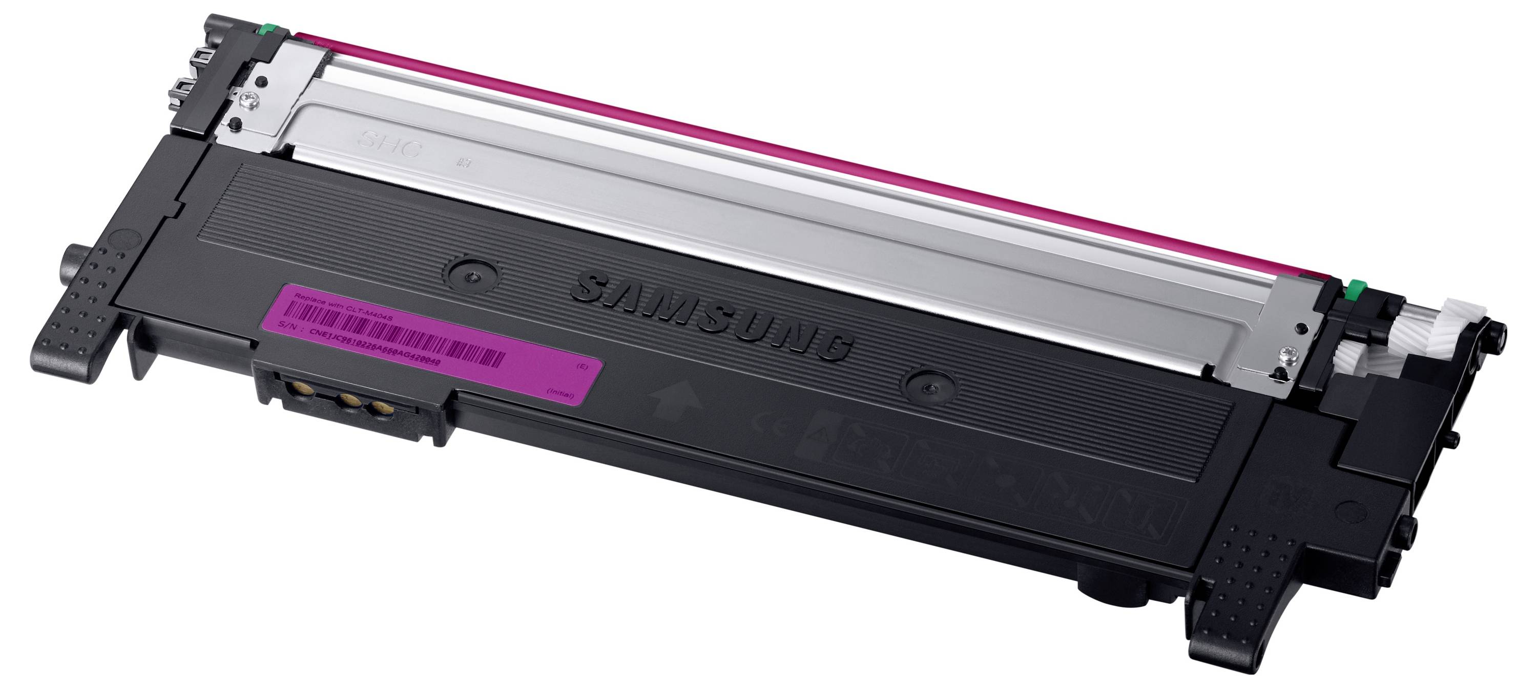 Samsung-Druckertonerkartuschen mit Magenta-Tonerstreifen, auf weißem Hintergrund dargestellt.